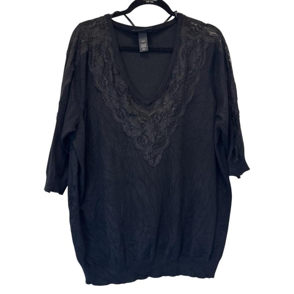 Lane Bryant Knit Top Womens 22/24 Lace Trim V-Neck Black Elbow Sleeve - Picture 1 of 7